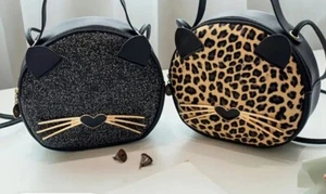 KIDS CUTE CAT CROSS BODY PURSE HAND BAG Sparkle Glitter 3-D Whiskers BLACK NEW - Picture 1 of 10