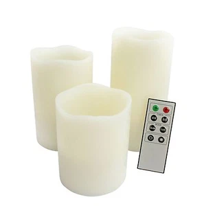 Set of 3 Round Melted Edge Remote Controlled Flameless Wax Pillar LED Candle - Picture 1 of 7