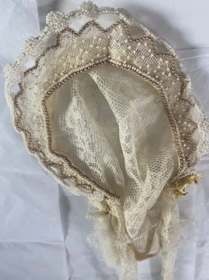 Vintage Lace Wedding Bonnet Beaded Pearls Lace  Ties - Image 1 of 4