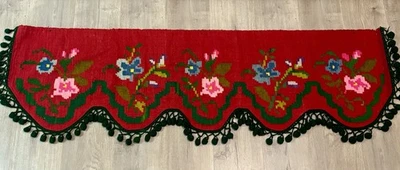 Vtg Handwoven Red Floral Valance Doorway Overpiece Folk Art Boho Textile 63x18 - Image 1 of 4
