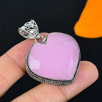 Pendente In Argento Sterling 925 Fatto A Mano In Gemma Di Calcedonio Rosa 1.78" - Immagine 1 di 4