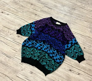 Vintage 80s/90s Mens Large 1/4 Sleeve Keith Haring Abstract Crewneck Ski Sweater - Picture 1 of 5