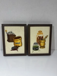 2 Pc Handmade Kitchen Crewel Framed Wall Hangings Cottagecore Coffee Cider Spice - Picture 1 of 9
