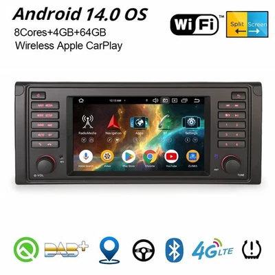 4GB+64GB 8-Kern Android 14.0 DAB+ Autoradio Navi Carplay 4G DSP Wifi BMW 5er E39 - Bild 1 von 4