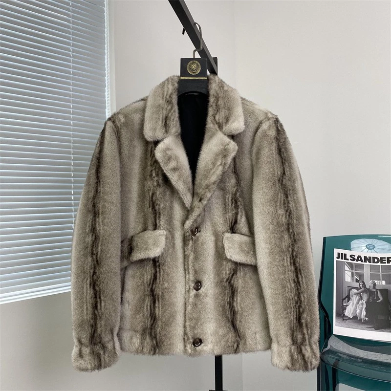 Para hombres Cuello Solapa Traje Chaqueta Piel Visón Terciopelo Botón Abrigo Corto Abrigo Invierno Foto 1 de 4