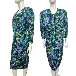 Vintage Kleid 14 16 1980's Blaugrün Muster Midi Kleid Retro Original Golden Gate - Picture 1 of 5