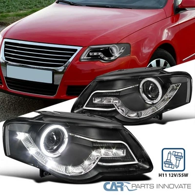 Fits 2006-2010 VW PASSAT B6 Black Halo Projector Headlights Lamps LED DRL Strips — 第 1/4 张图片