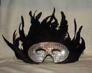 Masquerade /Mardi Gras ~ Black Feathers ~ Sequins Silver Mask - Picture 1 of 6