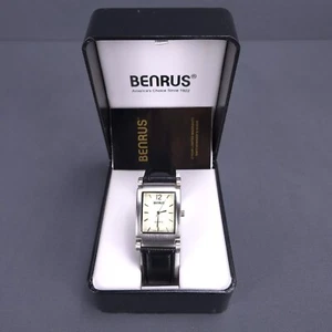 Benrus Tank Watch Unisex 26mm Silver Tone Leather Black Band Stainless Steel - Picture 1 of 20