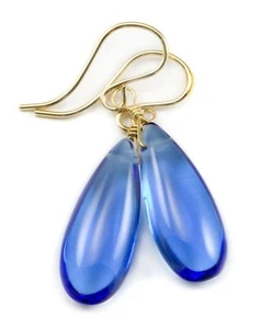 14k Gold Blue Simulated Sapphire Earrings Long Smooth Sterling Silver Teardrops - Picture 1 of 3