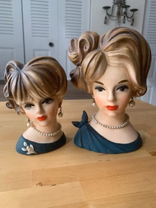 Vintage Lady Head Vase, Vanity Brush Holders, Ceramic, Earrings, Necklace, Set 2 - Picture 1 of 9