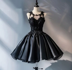 Gothic Black Wedding Dresses Short High Neck Sleeveless Vintage Bridal Gowns - Picture 1 of 19