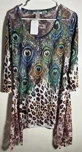 VTG NEW Feratelli Peacock Feather Chettah Med Shirt Tropics Florida Vaca Cruise - Picture 1 of 3