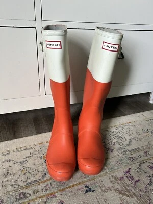 Hunter Original Botas Altas Para Mujer 7 Naranja Mate/Blanco Bota de Lluvia Bota de Lluvia Foto 1 de 4