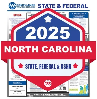 COMPLIANCE WAREHOUSE 2025 North Carolina NC State/Fed Labor Law In1 Compliance Poster Paper/Laminated
