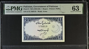 RARO Prefijo E P. 9 ND (1953-63) PAKISTÁN 1 RUPIA PMG 63 Elección UNC Mumtaz Hassan - Imagen 1 de 2