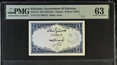 RARE Prefix E P. 9 ND (1953-63) PAKISTAN 1 RUPEE PMG 63 Choice UNC Mumtaz Hassan - Image 1 of 2