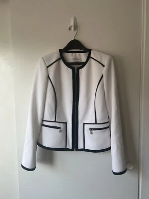 Calvin Klein Size 8 Blazer Zip-Front Piped Pique White Collarless Very Chic - Image 1 of 4