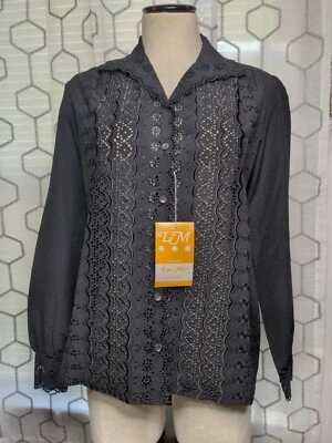 Lee Mar Pageant 1970's Black Lace Polyester Blouse Med. See Through Mod Goth - Image 1 of 4