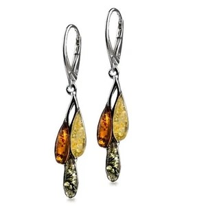Pendientes colgantes de plata de ley 925 maciza pura multicolor ámbar báltico con palanca - Imagen 1 de 6