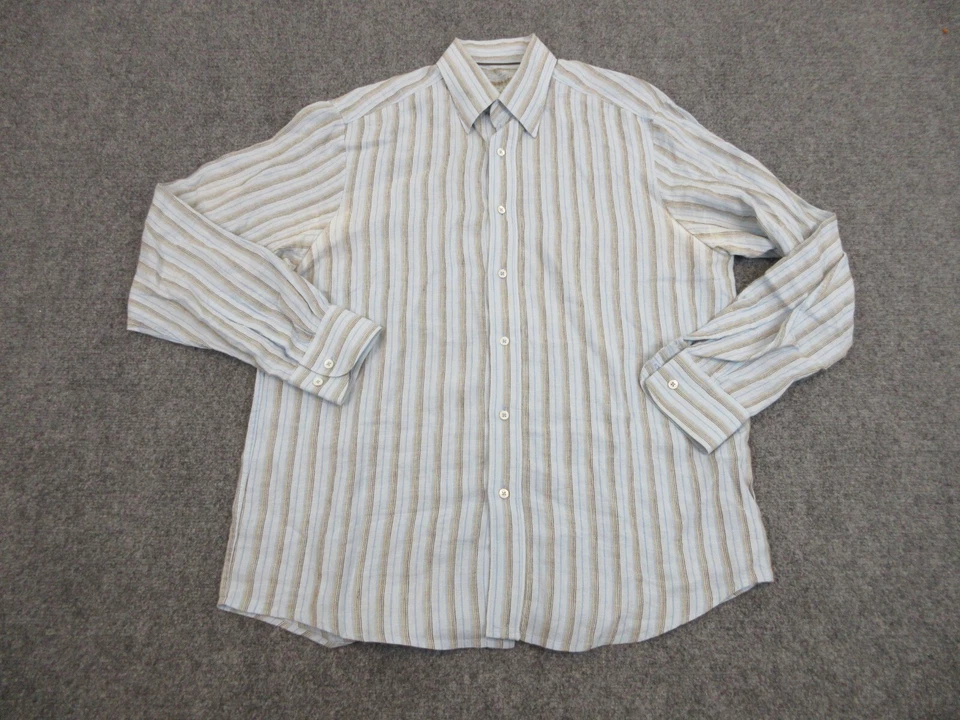 Indigo Palms Shirt Mens Adult Large Blue Brown Stripes Button Up Casual Linen - Image 1 of 4
