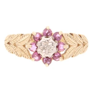 Vintage 9Ct Yellow Gold Ruby & Diamond Cluster Ring (Size O 1/2) 9.5mm Diameter - Picture 1 of 6