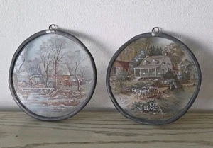 Pair Of Vintage Currier & Ives Painted Glass Sun Catchers Rustic Country 5.5" - Picture 1 of 10