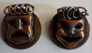 Vintage Copper Theatrical Comedy And Tragedy Mask Pins 3D - Picture 1 of 4