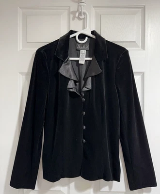 Alex Evenings 黑色天鹅绒西装外套女式 L 码缎面荷叶边装饰纽扣 — 第 1/4 张图片