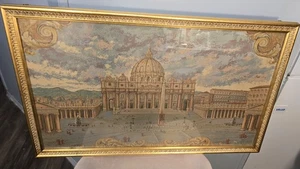 Antique French Tapestry Framed Piazza San Pietro ITALIAN 31”x19" - Picture 1 of 14