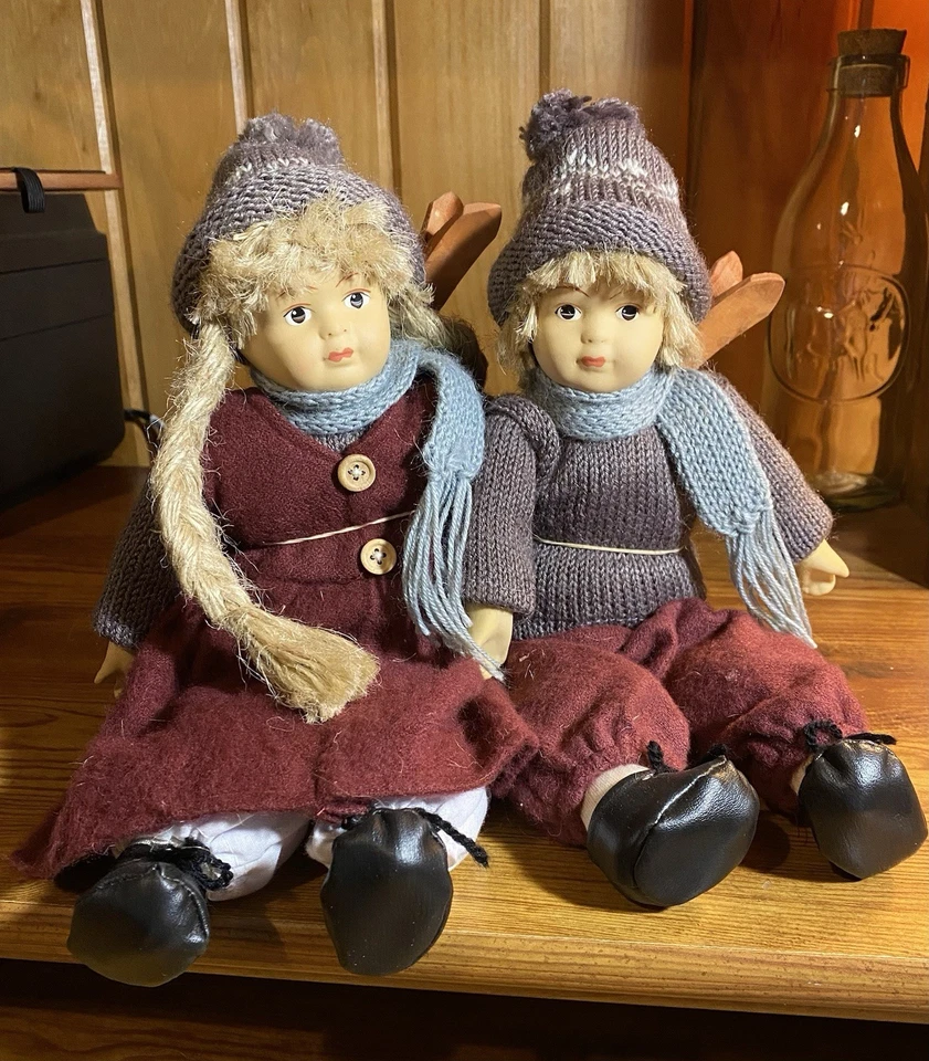 "Par de muñecas de esquí noruegas vintage de 12"" para niño y niña" Foto 1 de 4