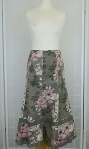 Vintage Monsoon Grey Pink Floral Panelled Cotton Skirt UK 10 Midi Silk Trim - Picture 1 of 9