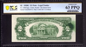 1928 G $2 LEGAL TENDER RED SEAL GREEN INK SMEAR ERROR NOTE PCGS B CU 63 PPQ - Picture 1 of 4