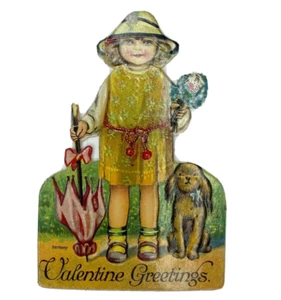 Valentine Victorian Die Cut Greeting Card Girl Puppy Hat Umbrella Stand Up - Picture 1 of 2
