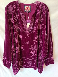 $318 JOHNNY WAS PLUS SZ 3X VOYAGER TORINE HENLEY VELVET TUNIC SUGAR PLUM NWT - Picture 1 of 4