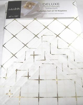 11 Pc.Holiday Deluxe Printed Metalli Tablecloth & Napkin Set 60 x 120 White/Gold - Image 1 of 2