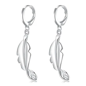 Sterling Silver Plated Earrings Drop Dangle Leverback Feather .56" L377 - Picture 1 of 7