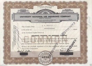 UNIVERSITY NATIONAL LIFE INSURANCE COMPANY YEAR 1963 50 SHARES BROWN STOCK - Picture 1 of 2