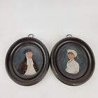 Antique Pair 19thC Naive Portrait Miniatures Lady & Gentleman Reverse Painted 