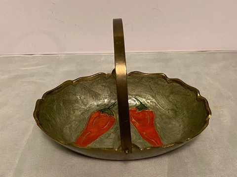 Vintage Brass Trinket Tray Chili Pepper Hot Pepper Enamel Cover