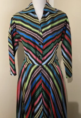 Maxi Vestido Vintage Raro Maxan Tafetán Arco Iris Rayas Falda Circular Talla 4 Foto 1 de 4