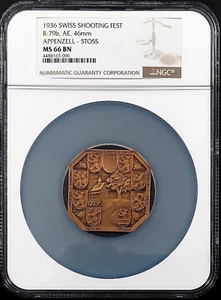1936 Swiss Shooting Medal, R-79b, AE, 46 mm, Appenzel-Stoss, MS 66 BN by NGC! - Picture 1 of 6