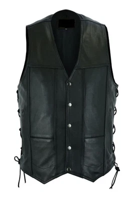 Men's Black Leather Vest Motorcycle Concealed Pocket Side Laces Custom Waistcoat - Image 1 of 4