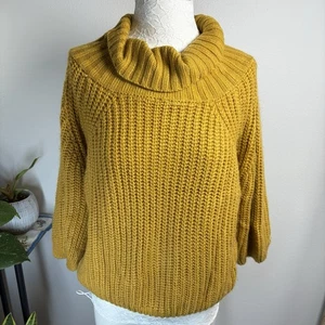 Blush Women’s S/M ~ Mustard Yellow Cowl Neck Knit Sweater 3/4 Sleeves - Picture 1 of 13