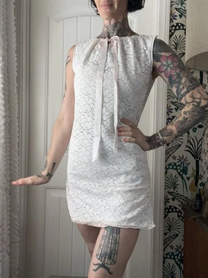 Vtg 60s Worth White Floral Lace Mini Dress Side Slits Pink Liner Bow Coquette S  - Image 1 of 4