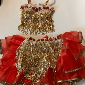Costume danza glamour 2 pezzi gioiello rosso frange oro tutù vestito bambino piccolo SC - Foto 1 di 15