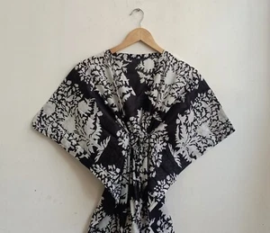 Indian Black Large Palm Tree Cotton Kaftan Women's Clothing Kaftan Night Maxi US - Picture 1 of 3
