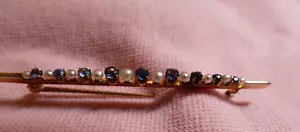 Antique Edwardian 14k Gold Bar Pin/Brooch Seed Pearl Saphire family heirloom EX - Picture 1 of 9