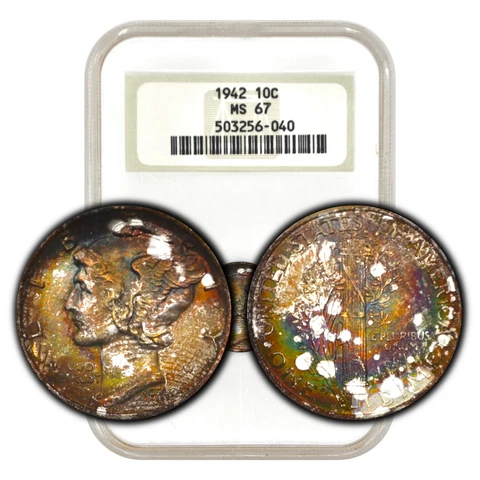 1942 Mercury Dime Old NGC Fatty Holder MS67 - Lovely Dual Sided Toning Cover