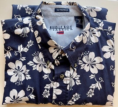 Vintage BUGLE BOY Classics No wrinkle floral blue Hawaiian SS shirt XL tropical - Image 1 of 4
